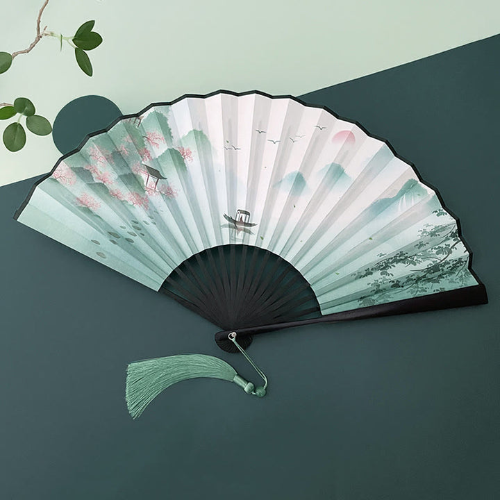 Buddha Stones Retro Lotus Flower Leaf Mountain Lake Handheld Folding Fan With Bamboo Frames - Boat Lake Landscape - Black Bamboo Frames - image 17