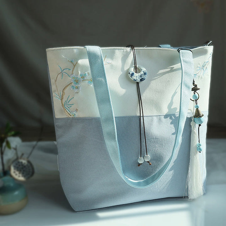 Buddha Stones Pear Flower Plum Peach Blossom Bamboo Embroidery Canvas Large Capacity Shoulder Bag Tote Bag - Blue White Plum Bamboo - image 5