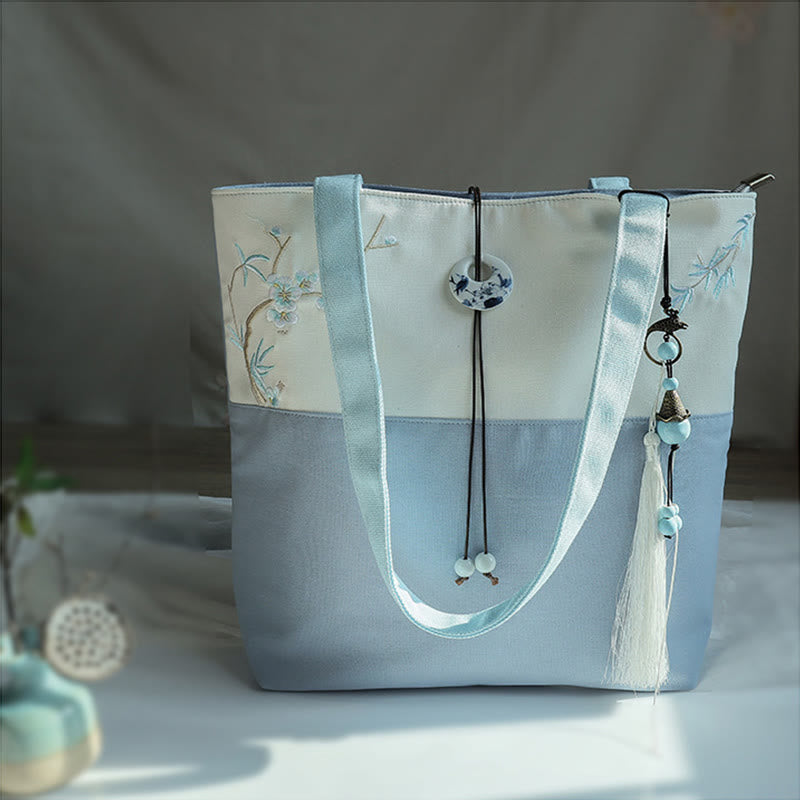 Buddha Stones Pear Flower Plum Peach Blossom Bamboo Embroidery Canvas Large Capacity Shoulder Bag Tote Bag - image 7