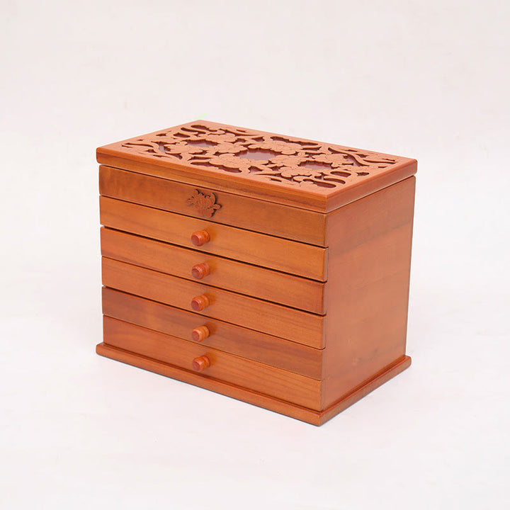 Buddha Stones Large Capacity Vintage Flowers Carved Wooden Jewelry Box Six-Layer Jewelry Storage Box - image 15