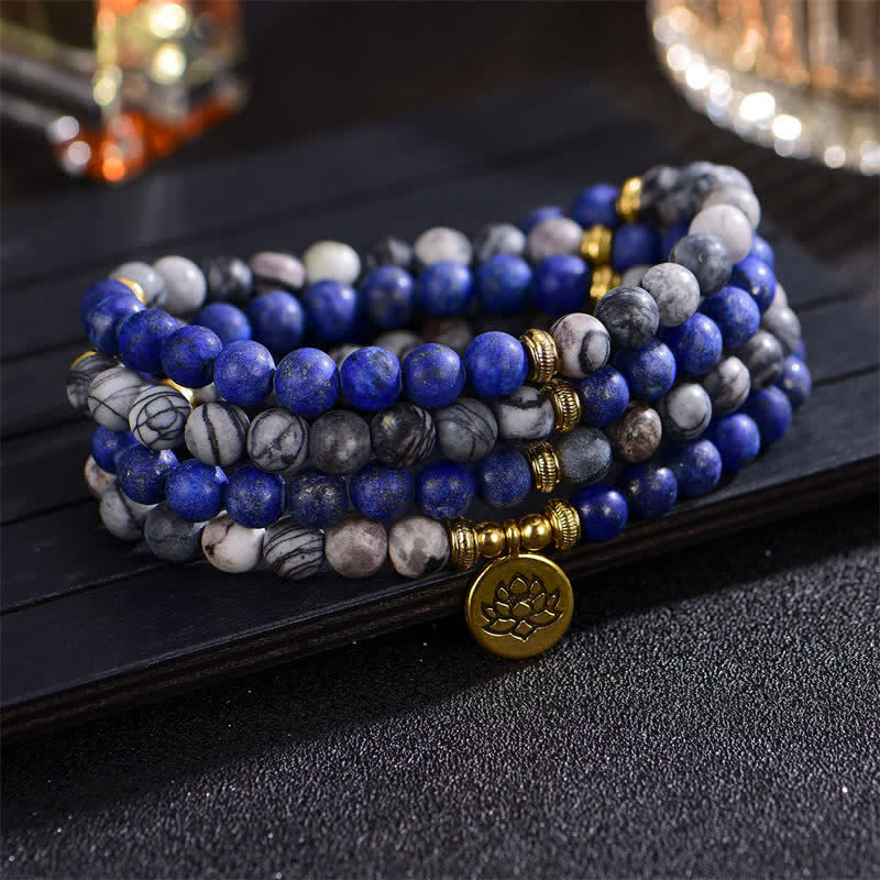 Buddha Stones Lazurite Picasso Jasper Amazonite Rhodonite Apatite Positive Lotus Prayer Bead Bracelet - Lazurite&Picasso Jasper - image 0