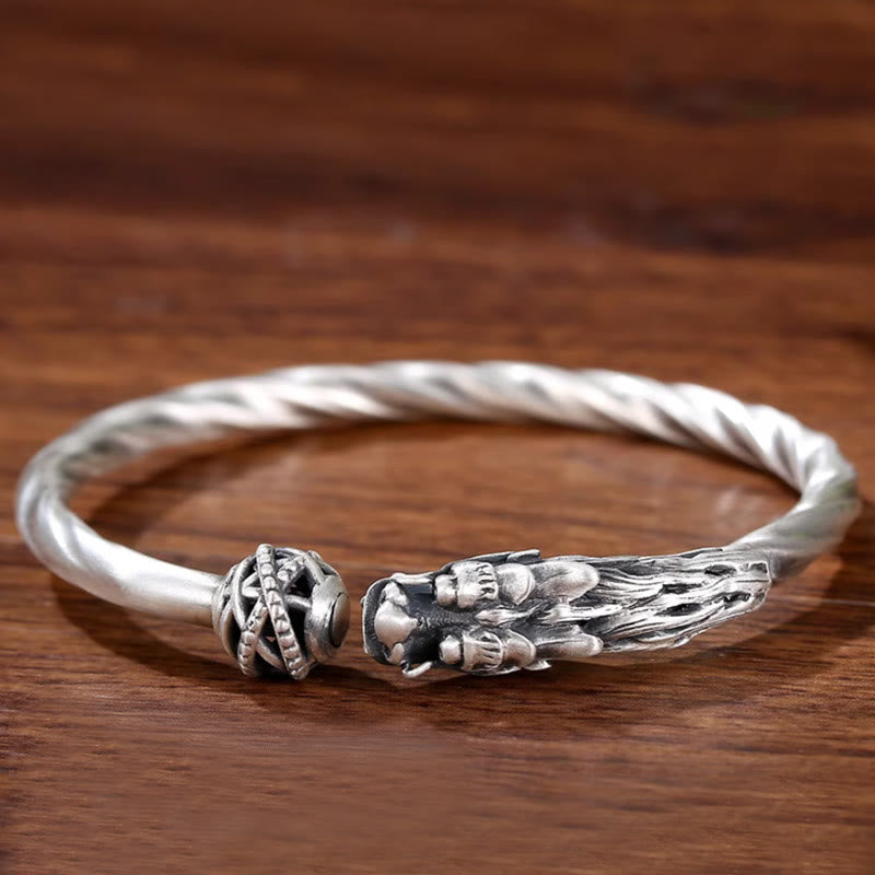Buddha Stones 999 Sterling Silver Year of the Dragon Luck Strength Metal Cuff Bracelet Bangle - image 2