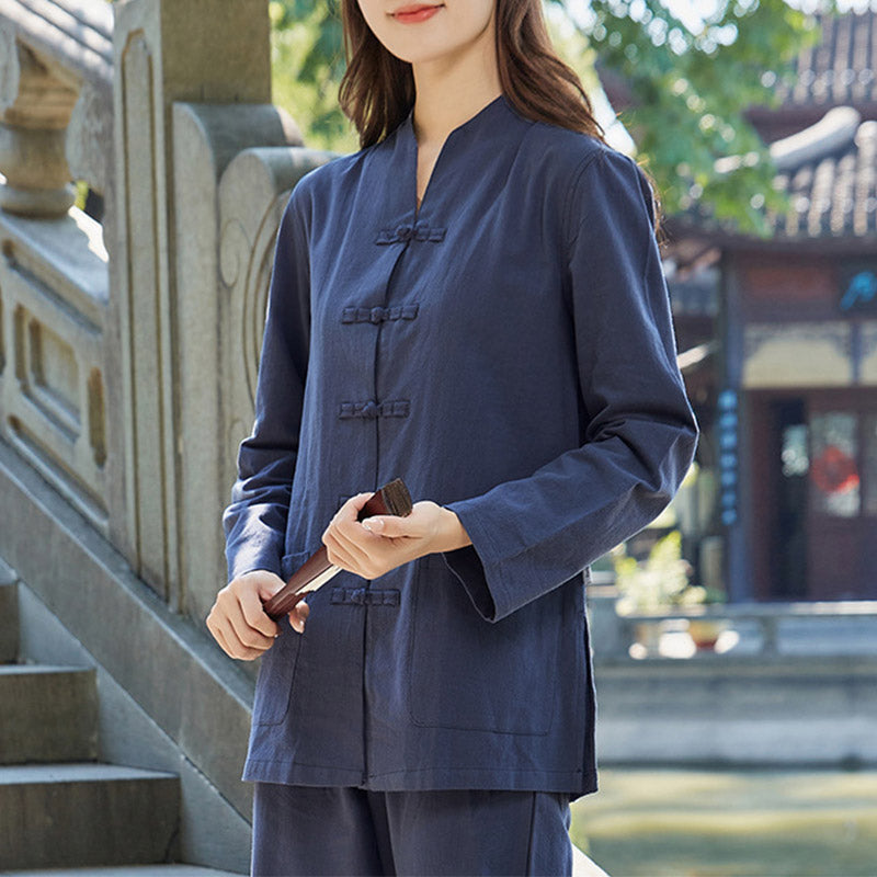 Buddha Stones Spiritual Zen Practice Yoga Meditation Prayer Uniform Cotton Linen Clothing Women's Set - Navy Blue - US18，UK/AU22，EU50 (6XL) - image 7