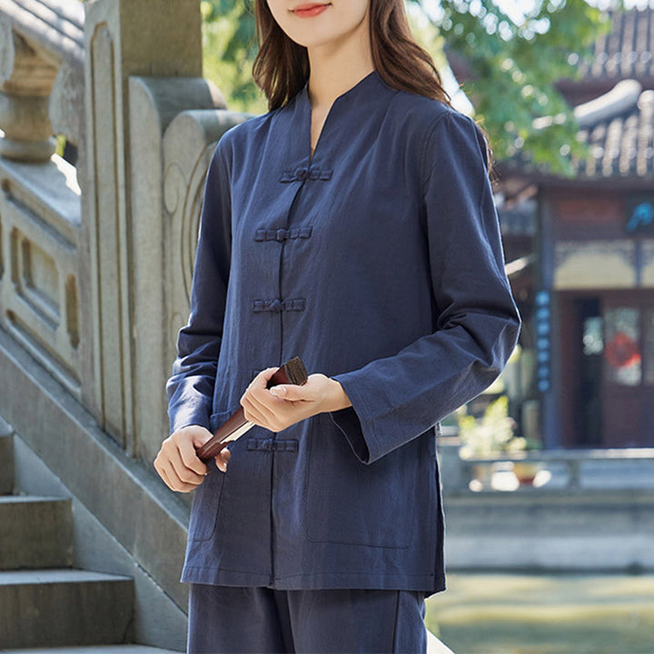 Buddha Stones Spiritual Zen Practice Yoga Meditation Prayer Uniform Cotton Linen Clothing Women's Set - Navy Blue - US18，UK/AU22，EU50 (6XL) - image 7
