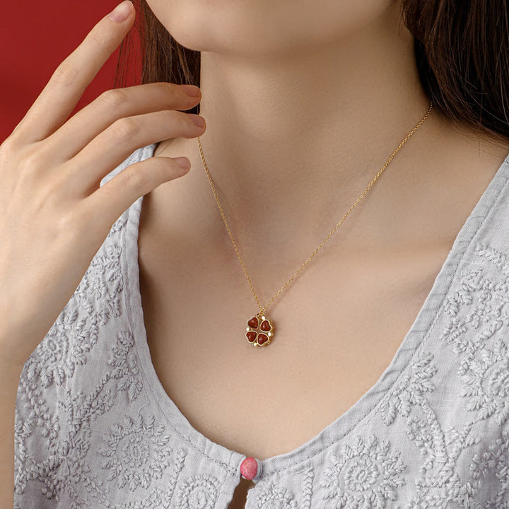 Buddha Stones 925 Sterling Silver Four Leaf Clover White Jade Red Agate Abundance Necklace Pendant - image 6