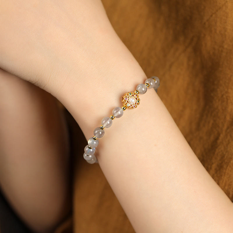 Buddha Stones 14K Gold Plated Natural Strawberry Quartz Labradorite Sun Stone Fu Character Positive Charm Bracelet - image 7