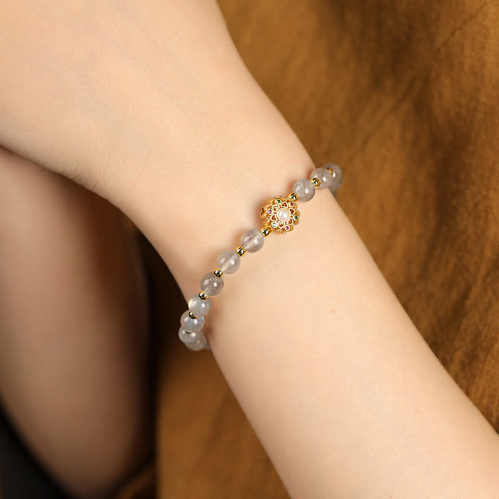 Buddha Stones 14K Gold Plated Natural Strawberry Quartz Labradorite Sun Stone Fu Character Positive Charm Bracelet - image 7