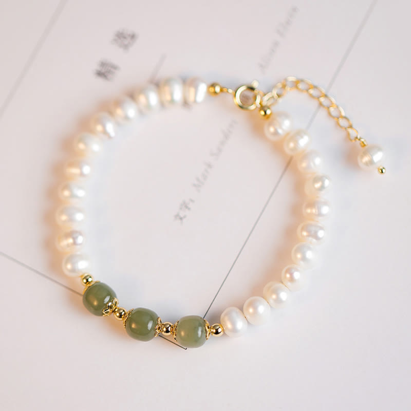 Buddha Stones 14K Gold Plated Natural Pearl Hetian Cyan Jade White Jade Sincerity Bead Chain Bracelet - Cyan Jade(Success♥Healing) - image 0