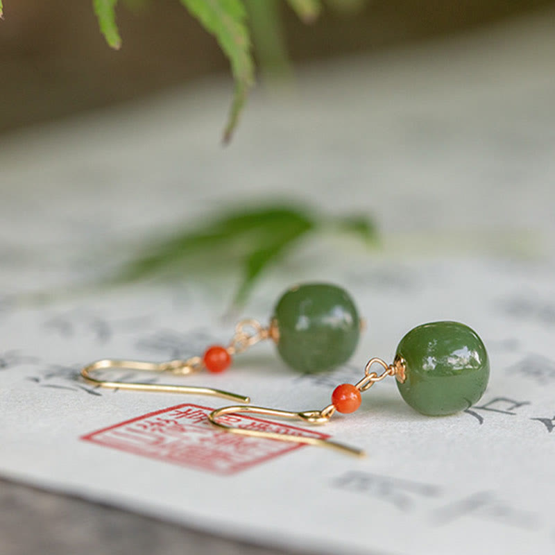Buddha Stones 925 Sterling Silver 14K Gold Plated Hetian Jade Red Agate Luck Drop Dangle Earrings - image 15