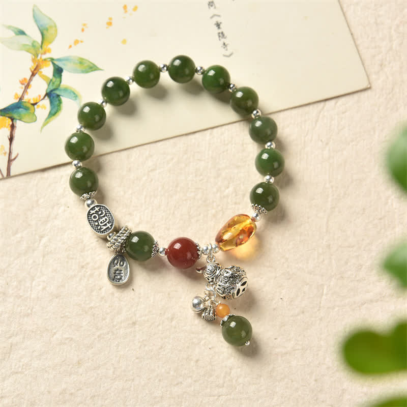 Buddha Stones 925 Sterling Silver Hetian Cyan Jade Gourd Amber Success Bracelet - image 7