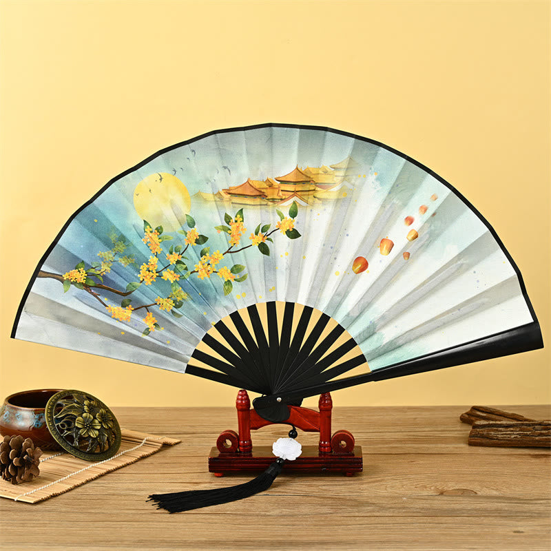 Buddha Stones Vintage Phoenix Nine Tailed Fox Flower Bamboo Tiger Handheld Folding Fan Lotus Tassel Fan - Osmanthus Fragrans and Palace - image 8