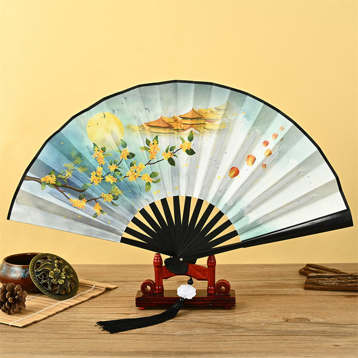 Buddha Stones Vintage Phoenix Nine Tailed Fox Flower Bamboo Tiger Handheld Folding Fan Lotus Tassel Fan - Osmanthus Fragrans and Palace - image 8