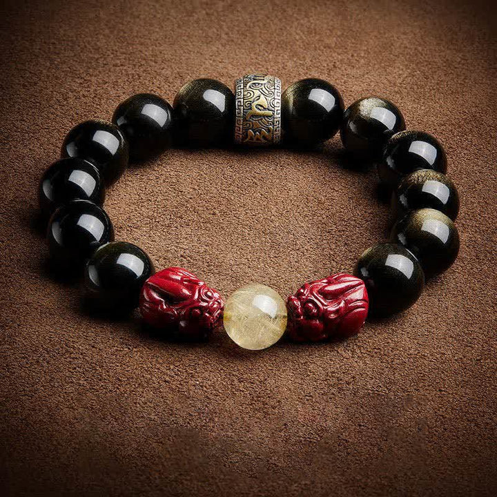 Buddha Stones Gold Sheen Obsidian PiXiu Cinnabar Om Mani Padme Hum Protection Bracelet - image 11