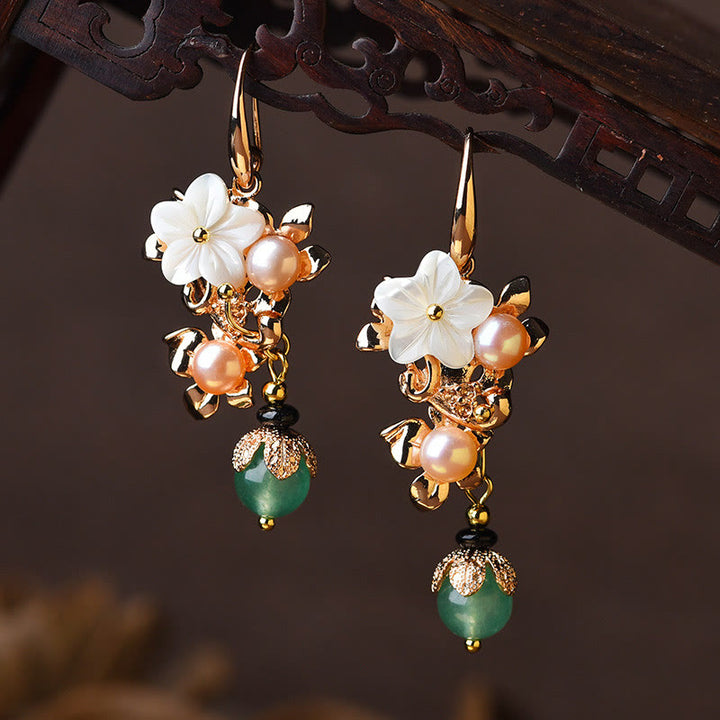 Buddha Stones 14K Gold Plated Tridacna Stone Flower Pearl Green Aventurine Bead Drop Earrings - White Tridacna Stone Flower Pearl Green Bead - image 7