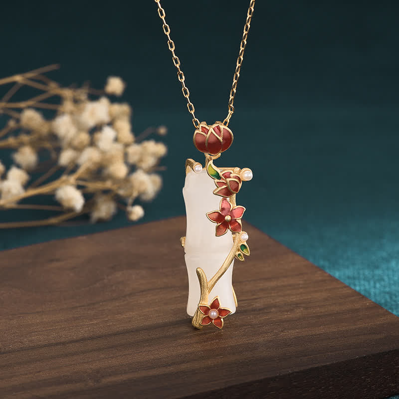 Buddha Stones White Jade Bamboo Lotus Flowers Luck Protection Necklace Pendant - image 0