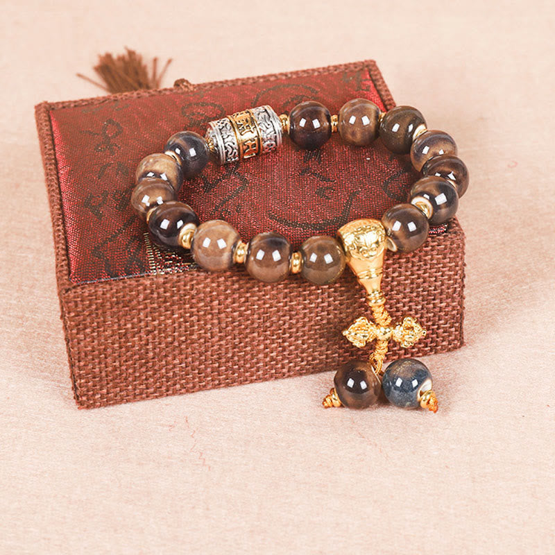 Buddha Stones Tibet Om Mani Padme Hum Prayer Wheel Dorje Vajra Engraved Glass Bead Wisdom Bracelet - Golden Dorje - image 2