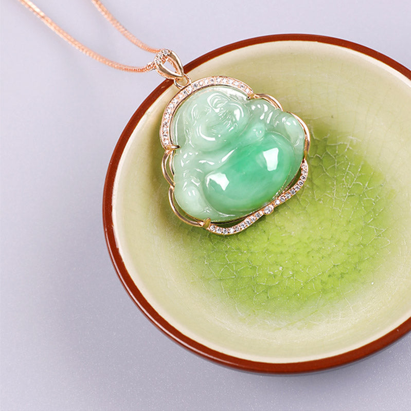925 Sterling Silver Laughing Buddha Natural Jade Prosperity Necklace Chain Pendant - image 7