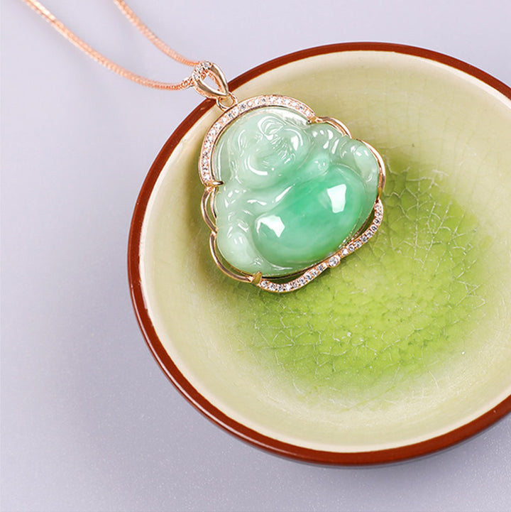 925 Sterling Silver Laughing Buddha Natural Jade Prosperity Necklace Chain Pendant - image 7