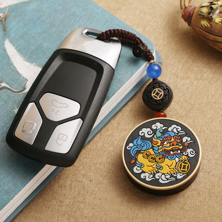 Buddha Stones PiXiu Copper Coin Ebony Wood Luck Attract Wealth Key Chain Decoration - image 8