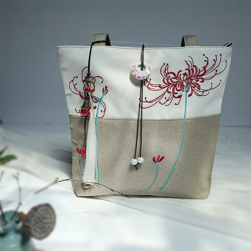 Buddha Stones Pear Flower Plum Peach Blossom Bamboo Embroidery Canvas Large Capacity Shoulder Bag Tote Bag - image 41