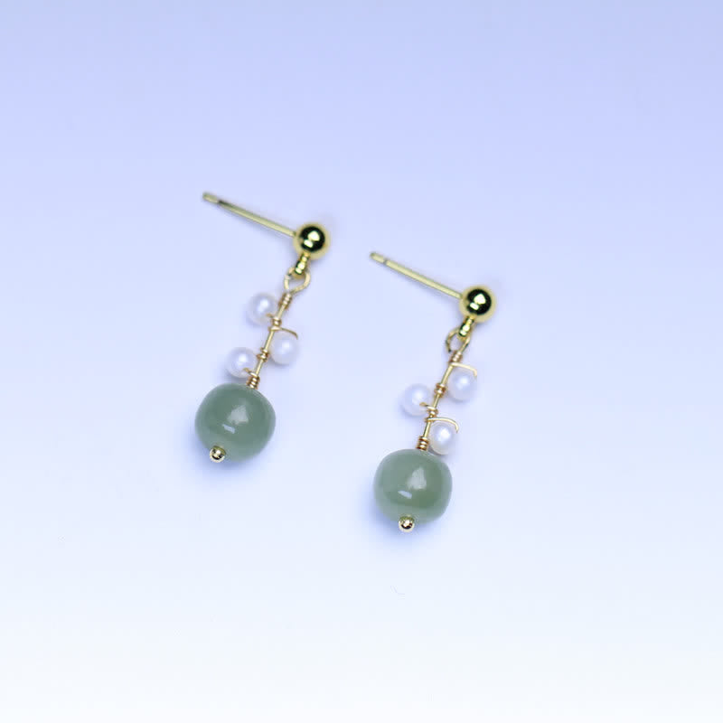 Hetian Jade Flower Pattern 14K Gold Plated Luck Drop Dangle Earrings - image 8