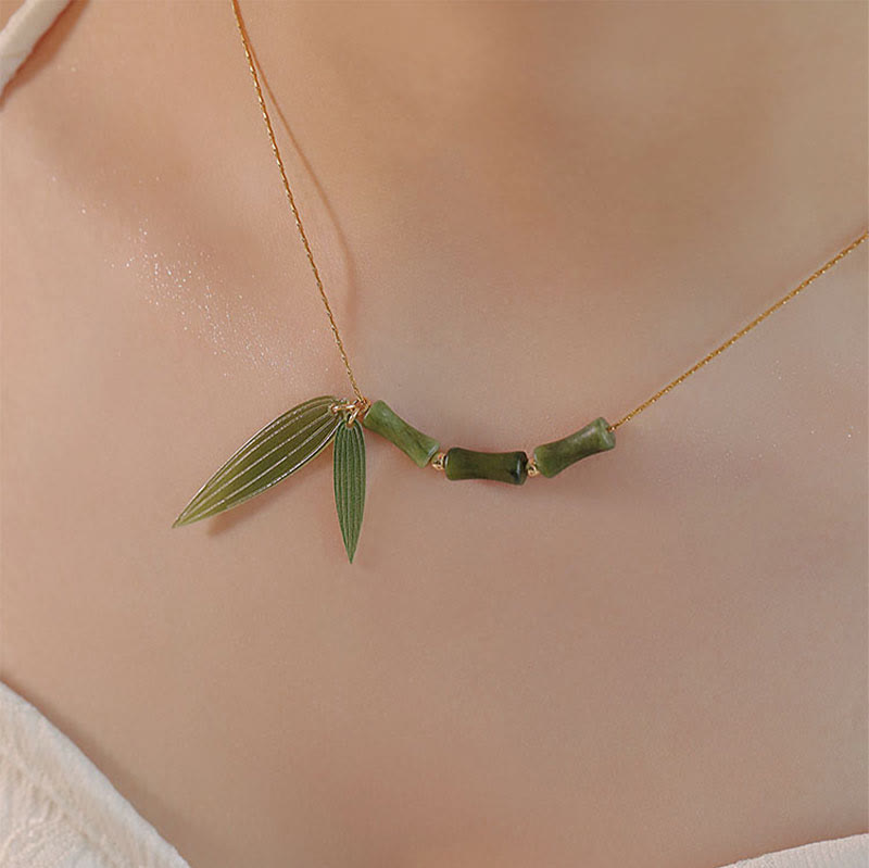 Buddha Stones Bamboo Leaf Jade Design Wealth Necklace Pendant - image 4