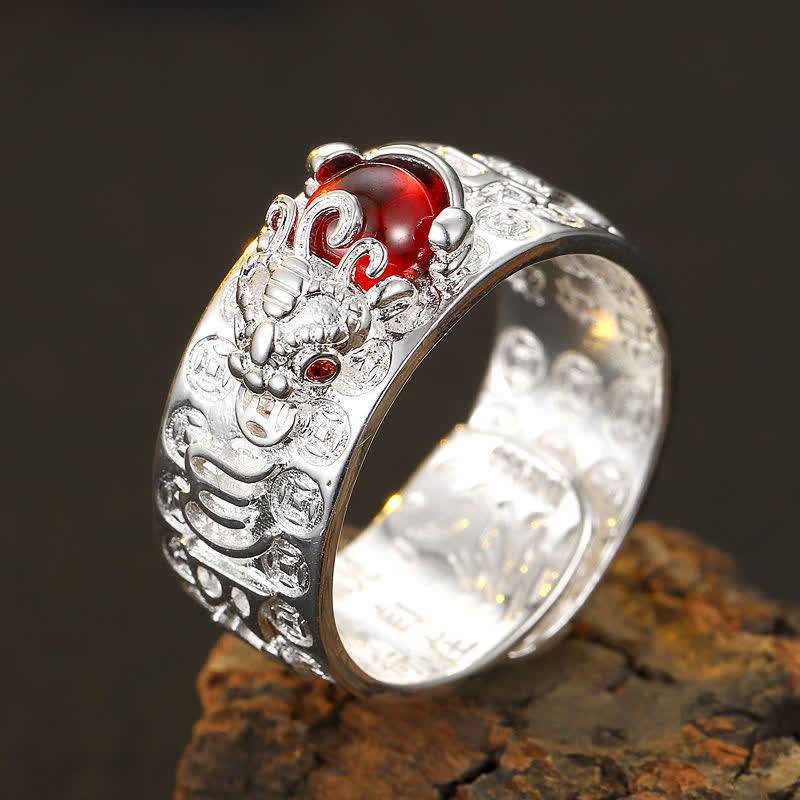 Buddha Stones FengShui PiXiu Red Garnet Heart Sutra Wealth Ring - image 5