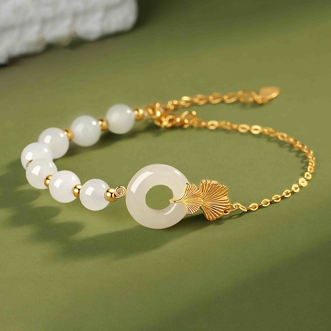 Buddha Stones 925 Sterling Silver Hetian White Jade Peace Buckle Ginkgo Leaf Luck Bracelet - Hetian White Jade(Protection♥Blessing) - image 0