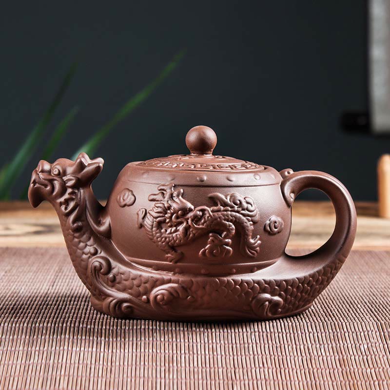 Buddha Stones Vintage Dragon Auspicious Clouds Purple Clay Ceramic Teapot - Brown(400ml) - image 2