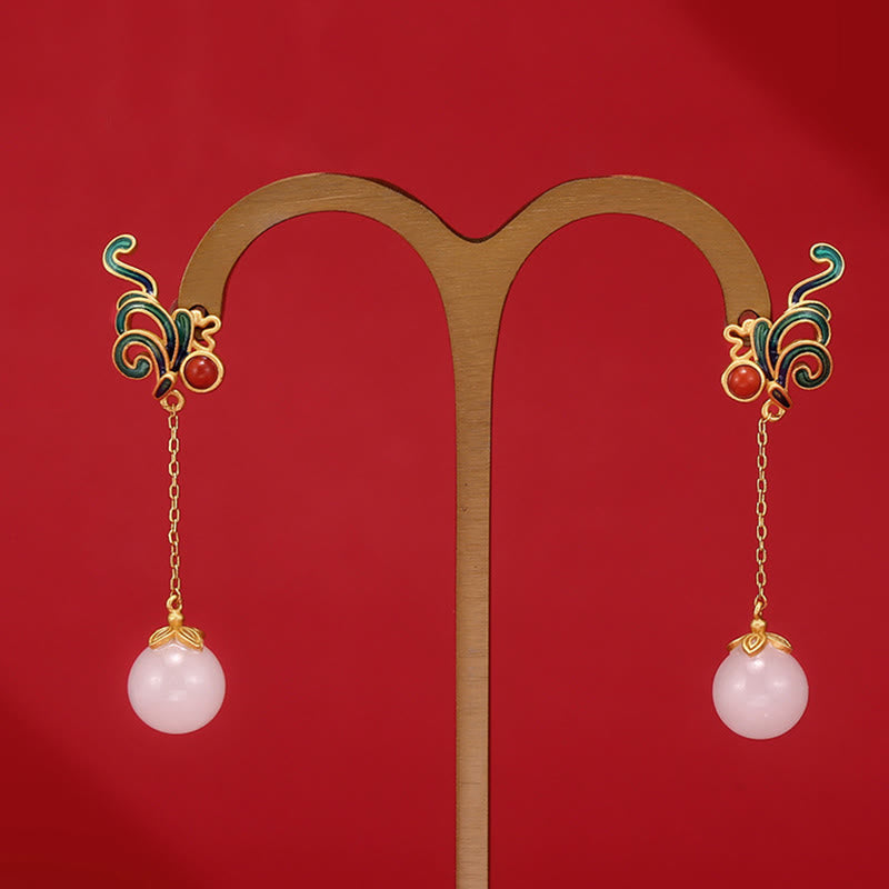Buddha Stones Vintage White Jade Red Agate Bead Blessing Drop Dangle Earrings - image 4