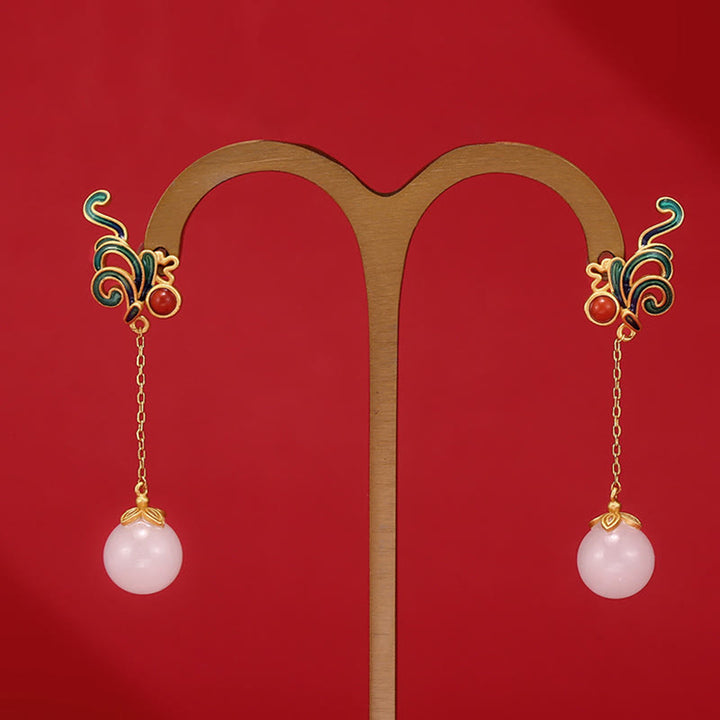 Buddha Stones Vintage White Jade Red Agate Bead Blessing Drop Dangle Earrings - image 4