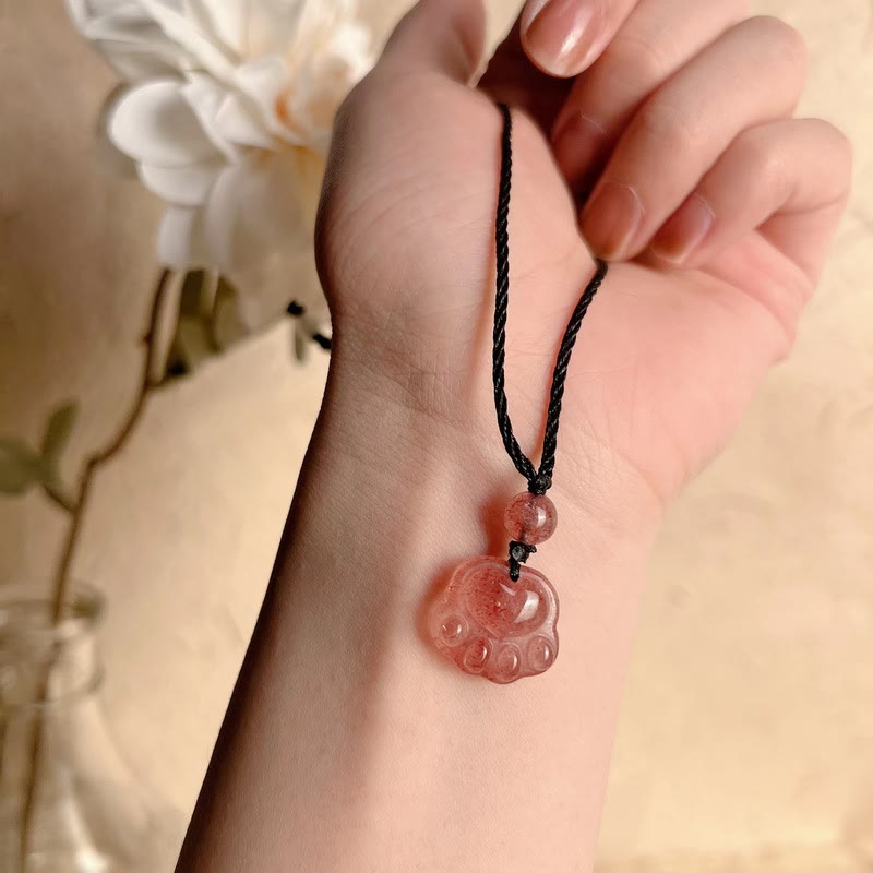 Buddha Stones Strawberry Quartz Lovely Cat Paw Claw Healing Necklace Pendant - image 10