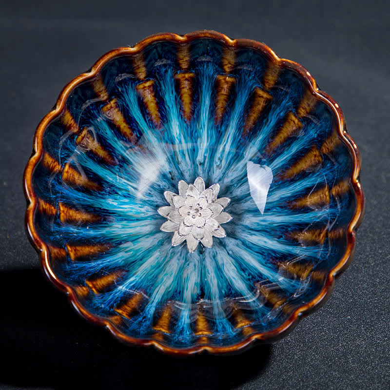 Buddha Stones Lotus Goldfish Auspicious Dragon Phoenix Ceramic Teacup Inlaid Tea Cups 130ml - Lotus - image 0