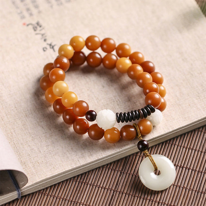 Buddha Stones Cyan Bodhi Seed Lotus Jade Peace Buckle Wisdom Double Wrap Bracelet - Yellow Bodhi Seed - image 15