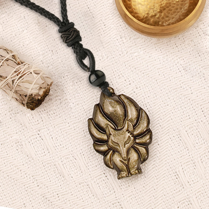 Buddha Stones Natural Fluorite Gold Sheen Obsidian Fox Pendant Protection Necklace - image 11