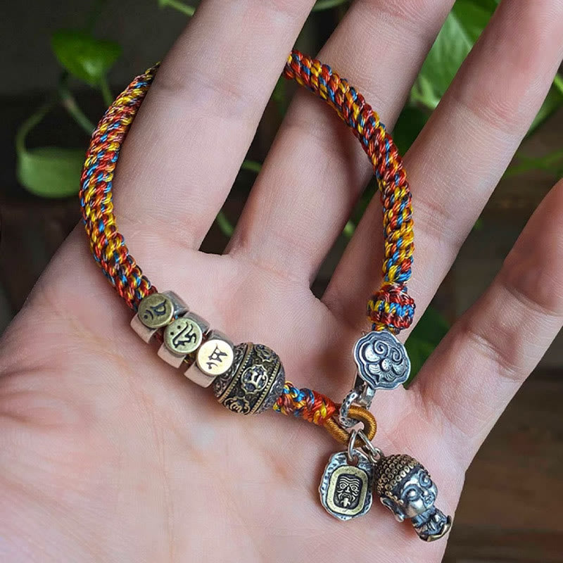 Buddha Stones Handmade Tibetan 925 Sterling Silver Chinese Zodiac Natal Buddha Zakiram Goddess of Wealth Protection Multicolored Rope Braided Bracelet - image 21