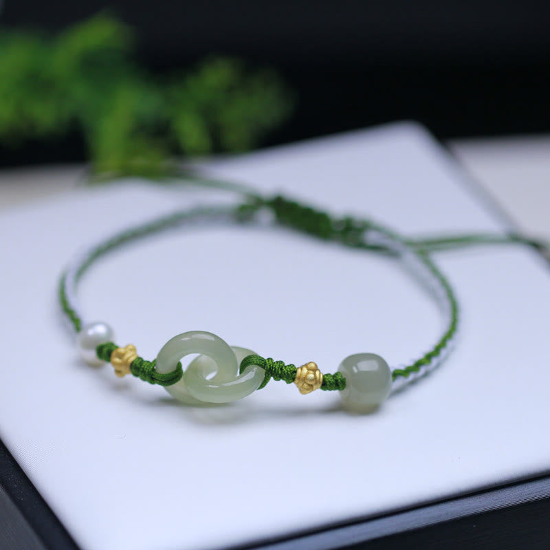 Buddha Stones 925 Sterling Silver Hetian Jade Double Peace Buckle Luck Braided Bracelet - image 1