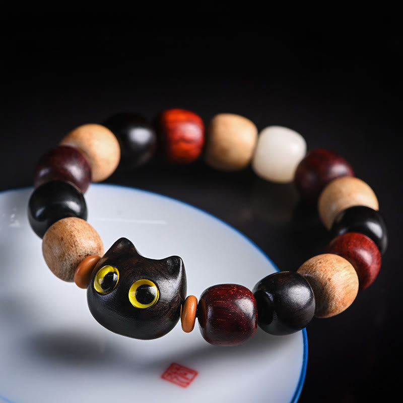 Buddha Stones Small Leaf Red Sandalwood Ebony Wood Cute Cat Engraved Protection Bracelet - Ebony Wood(Balance♥Calm) - image 0