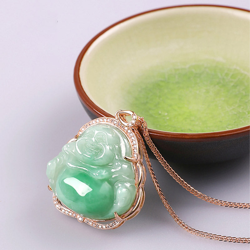 925 Sterling Silver Laughing Buddha Natural Jade Prosperity Necklace Chain Pendant - image 5