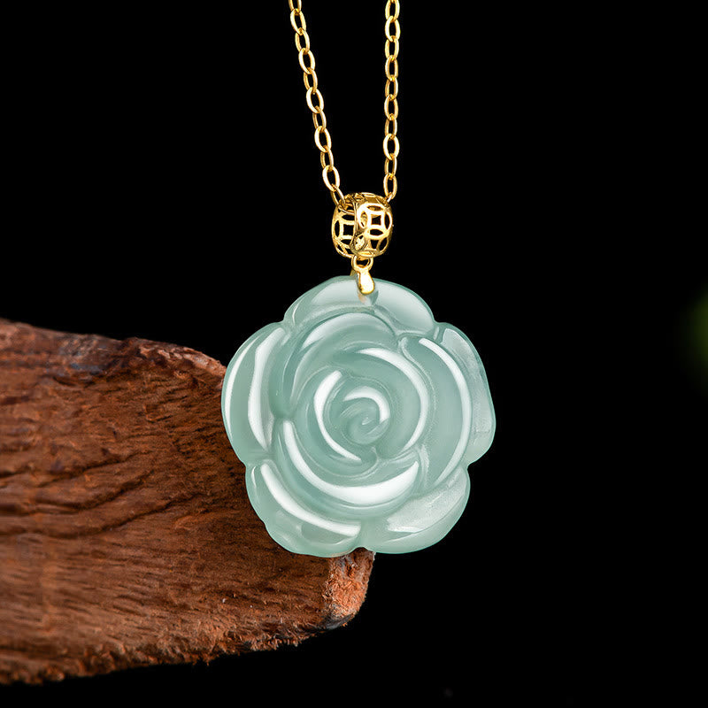 Buddha Stones 18K Gold 925 Sterling Silver Natural Jade Rose Luck Necklace Pendant - image 1