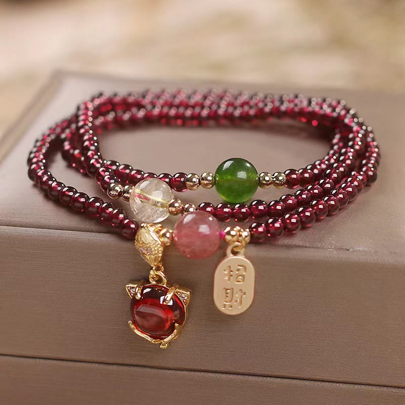 Buddha Stones Natural Garnet Strawberry Quartz Crystal Fox Koi Fish Peace Buckle Fortune Protection Triple Wrap Bracelet - image 3