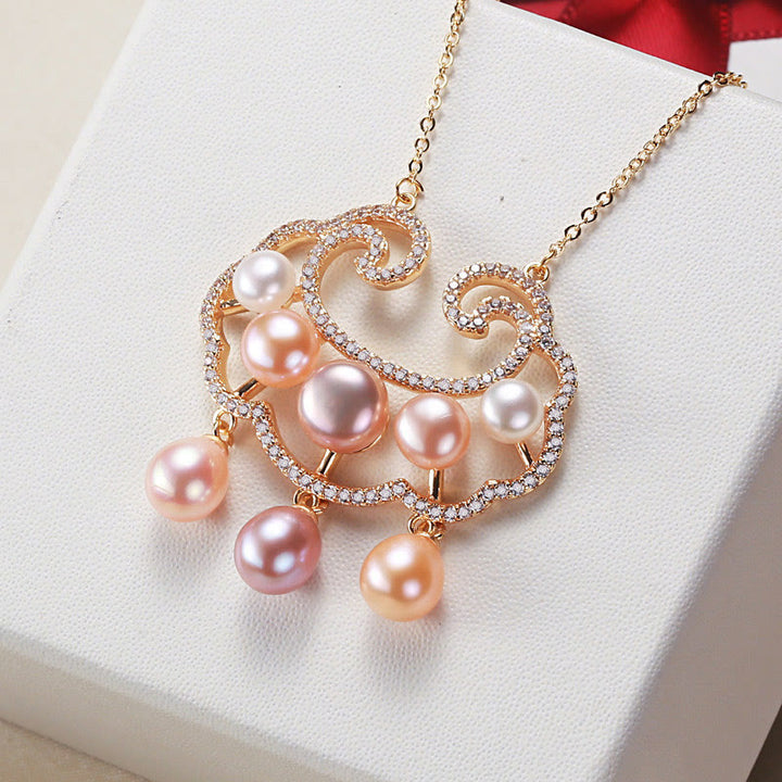 Buddha Stones 18K Gold Plated Natural Pearl Chinese Lock Charm Sincerity Necklace Pendant - image 2