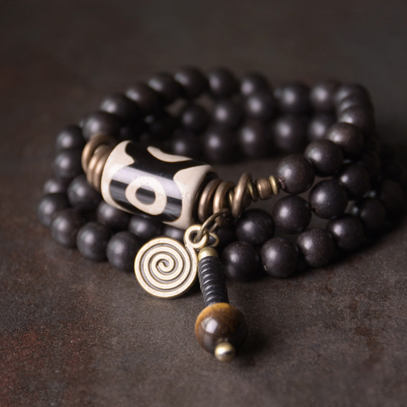 Buddha Stones Ebony Wood Dzi Bead Copper Protection Couple Bracelet - Inner Circumference 18cm fit for Wrist Circumference 17-17.5cm(3 Circle) - image 0