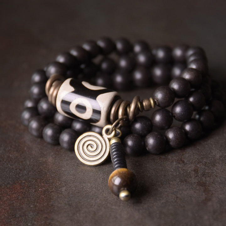 Buddha Stones Ebony Wood Dzi Bead Copper Protection Couple Bracelet - Inner Circumference 18cm fit for Wrist Circumference 17-17.5cm(3 Circle) - image 0