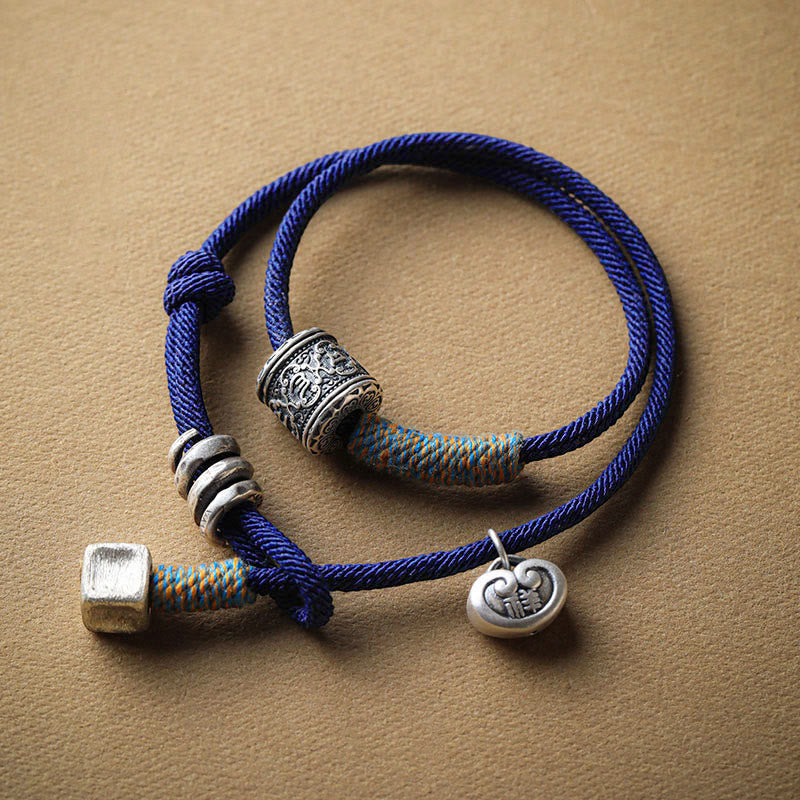 Buddha Stones Handmade Tibetan Om Mani Padme Hum Carved Auspicious Amulet Double Wrap Rope Bracelet - Blue(Wrist Circumference 14-16cm)(2 Circle) - image 0