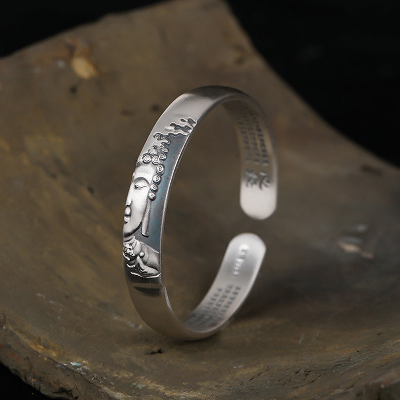 Buddha Stones 999 Sterling Silver Buddha Head Heart Sutra Serenity Bracelet Bangle - image 8