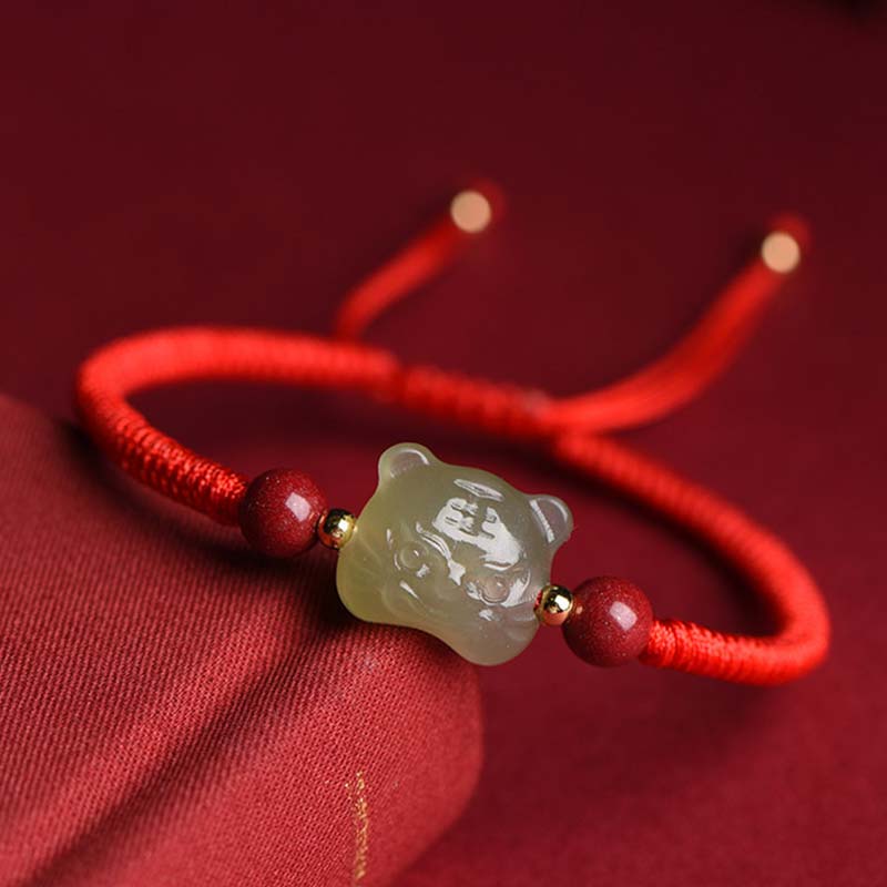Buddha Stones Jade Cinnabar Lucky Tiger String Bracelet - Red (Wrist Circumference 14-20cm) - image 0