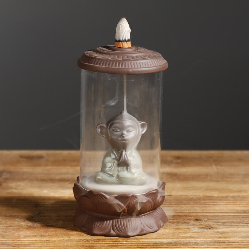 Meditation Wukong Monkey King Purple Clay Windshield Lotus Backflow Smoke Fountain Incense Burner Decoration - Praying Wukong(Brown) - image 6