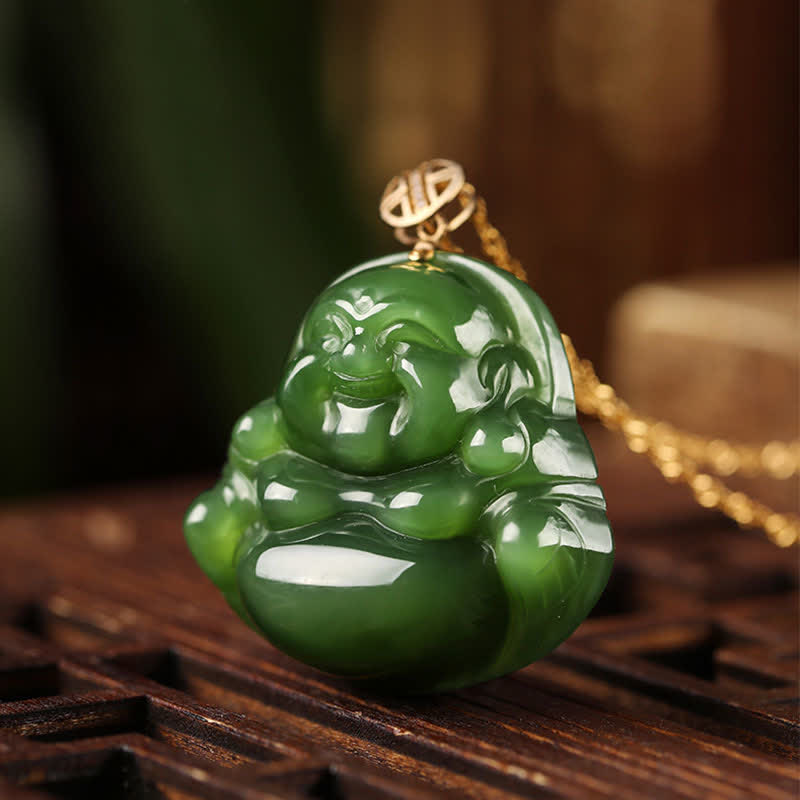 Buddha Stones 925 Sterling Silver Laughing Buddha Hetian Cyan Jade 18K Gold Success Necklace Chain Pendant - image 3