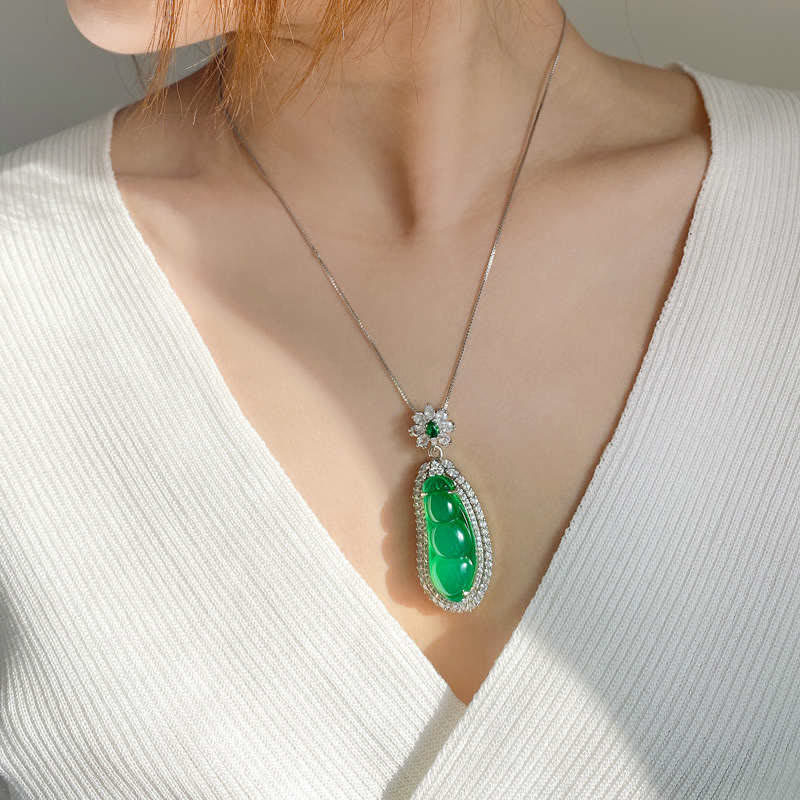 Fortune Bean Cyan Jade Luck Necklace Pendant - image 1